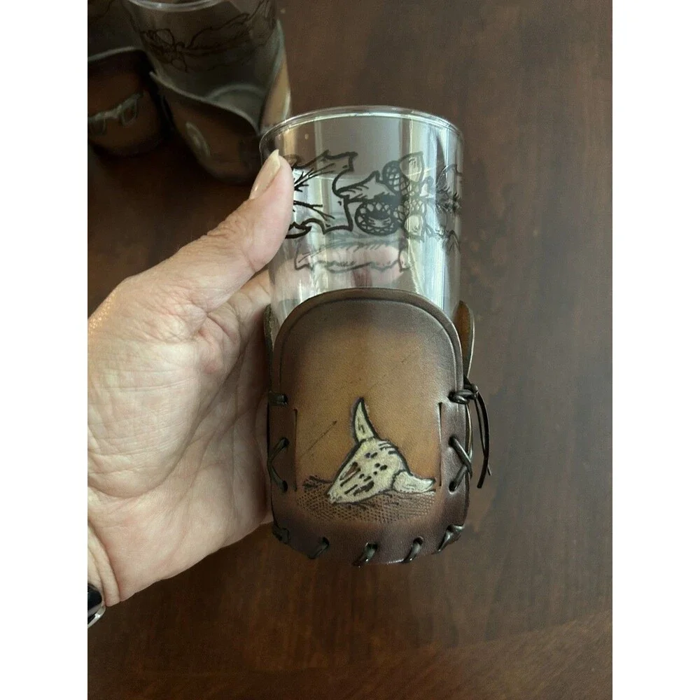 VTG MCM 12 oz Glasses W/Hand Tooled Leather Cup Holders Western Themed Set of 5